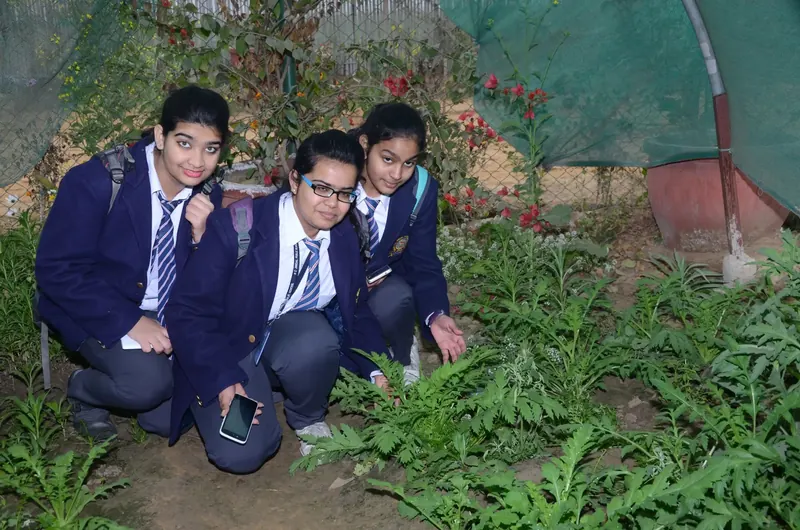 Three girls in navy uniforms crouching among leafy green plants, one holding a phone